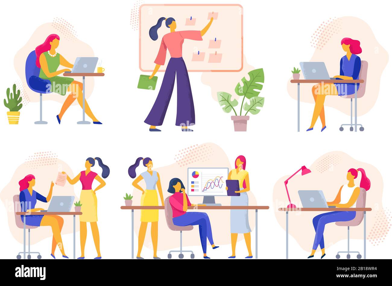 Büroangestellte. Business Woman hält Meetings ab, Frauen arbeiten zusammen und Geschäftsfrau mit Laptop Vector Illustration Stock Vektor