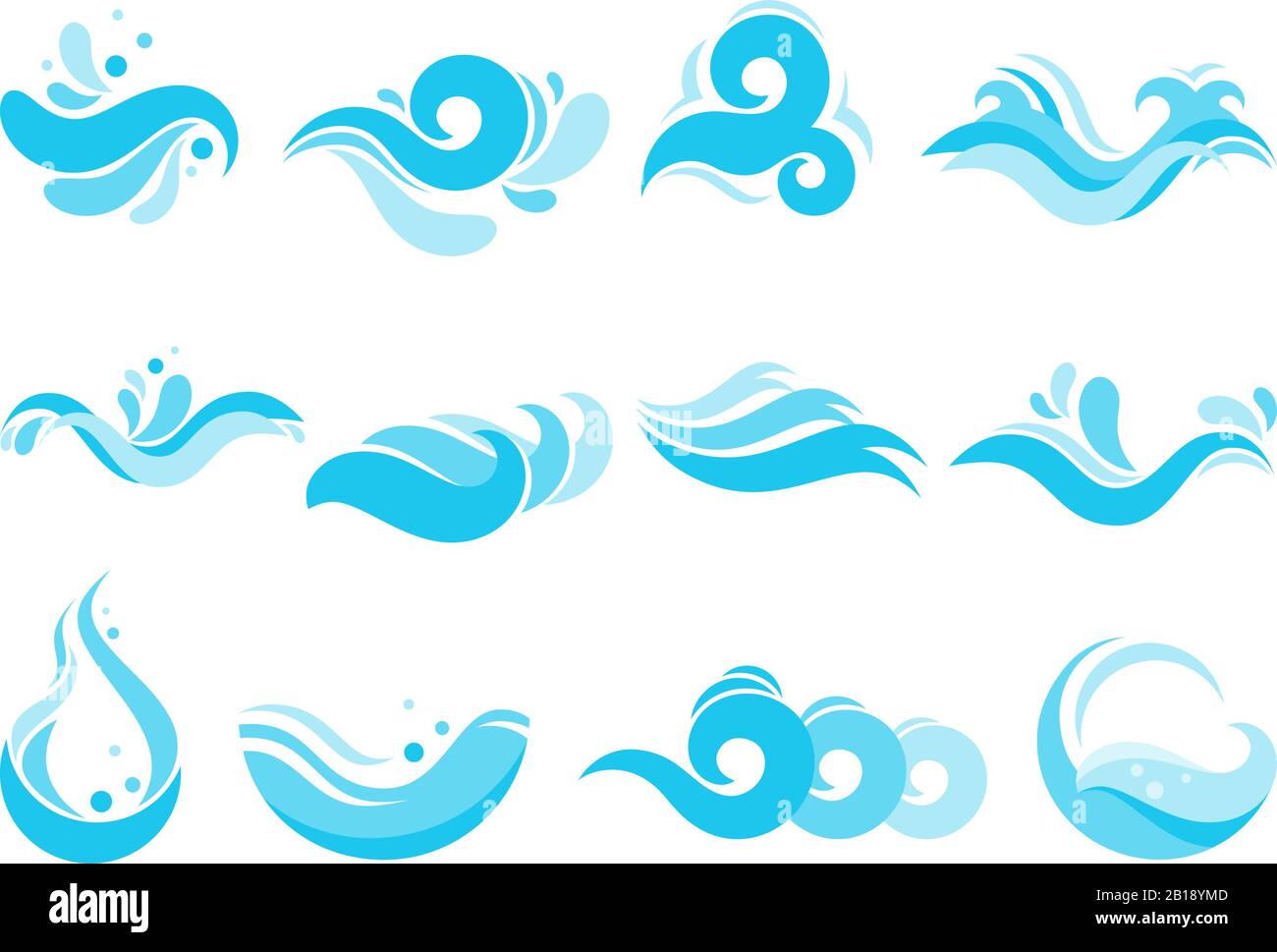 Wasserspritzer im Meer. Spa Pool Wellen, Meer Surf Tide und Wasser wirbelt isolierte Vektorsymbole Illustration Set Stock Vektor
