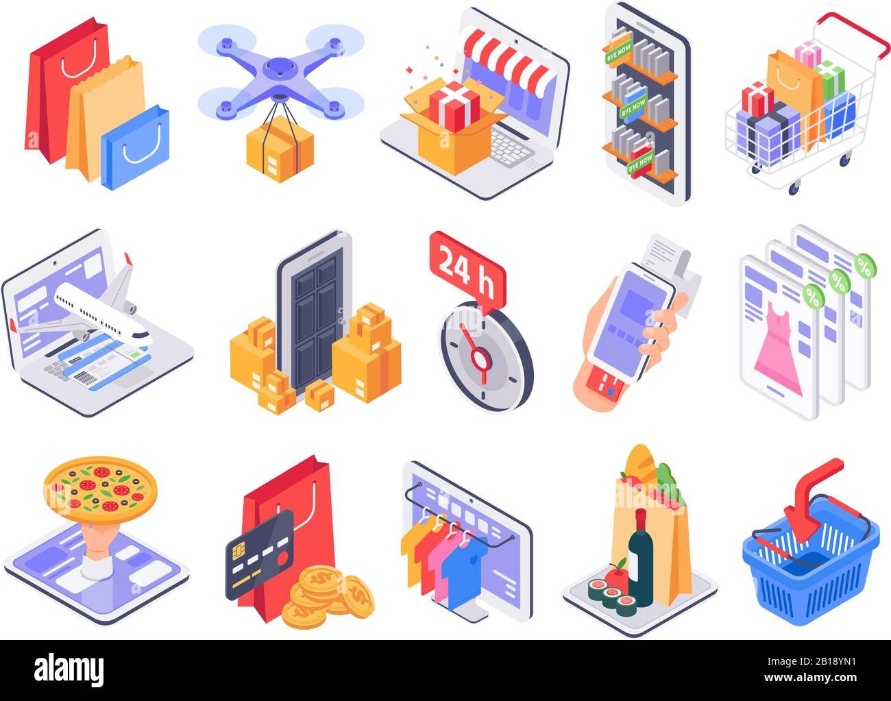 Isometrischer Einkauf. Online-Shop, Marktlieferung und Verkauf von Geschäften. 3D-Vektorgrafiksatz für Internetkauf und Lebensmittelprodukte Stock Vektor