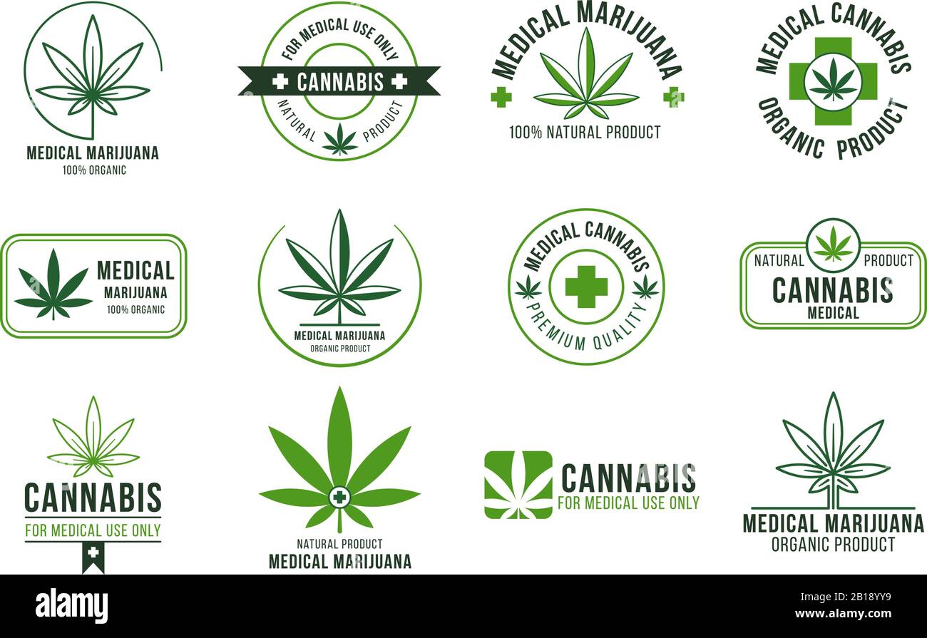 Cannabis-Label. Medizinische Marihuana-Therapie, legale Hanfpflanzen und Drogenpflanzen. Raucher Unkraut Abzeichen isolierter Vektor-Satz Stock Vektor