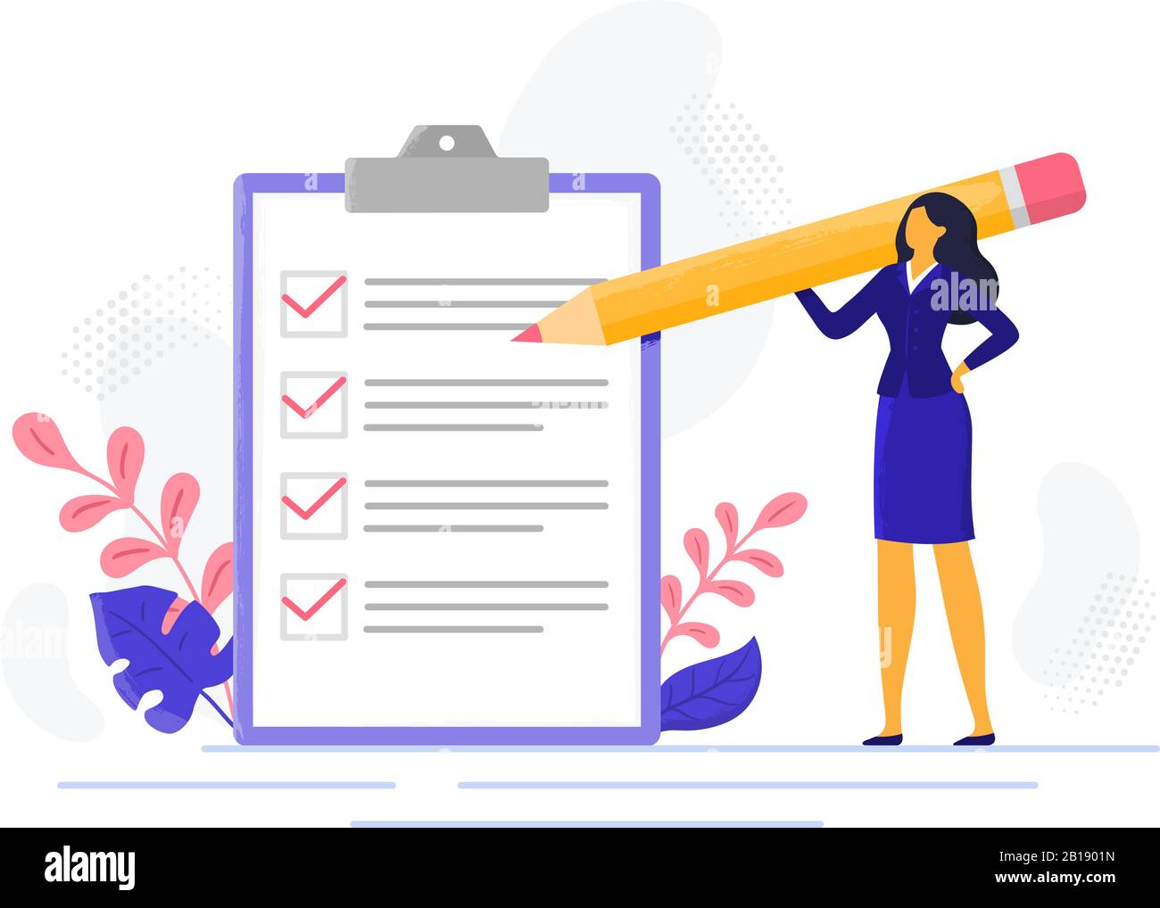 Checkliste für Geschäftsfrauen. Erfolgreiche Frau überprüft den Erfolg der Aufgabe, hat die Geschäftsaufgaben erledigt. Vektorgrafiken der Markierungsliste markieren Stock Vektor