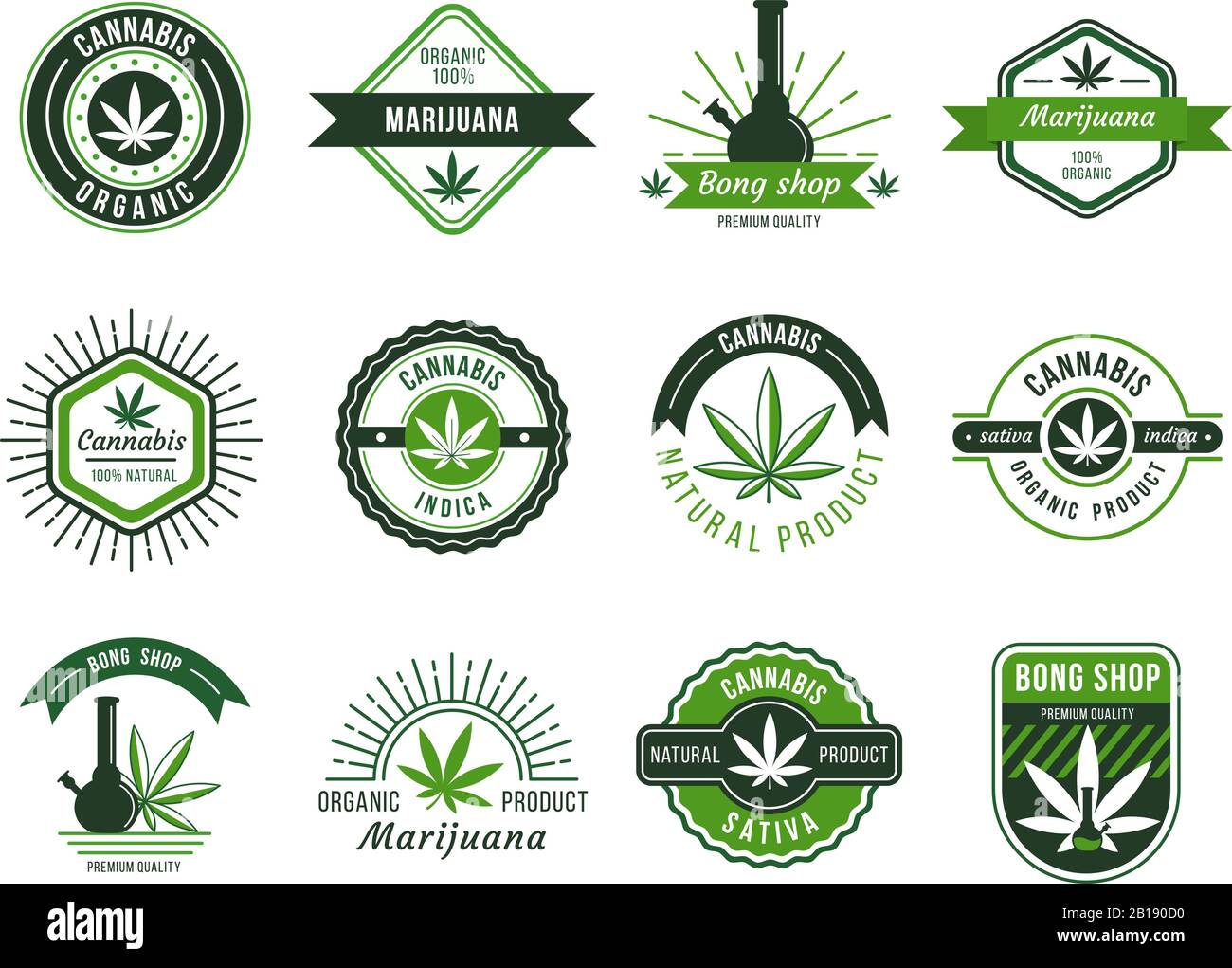 Marihuana-Label. Rauchunkrauchen, Cannabisgelenk und Haschisch- oder Unkrautrauchgerät. Marihuana Samen Vektor Illustration Set Stock Vektor