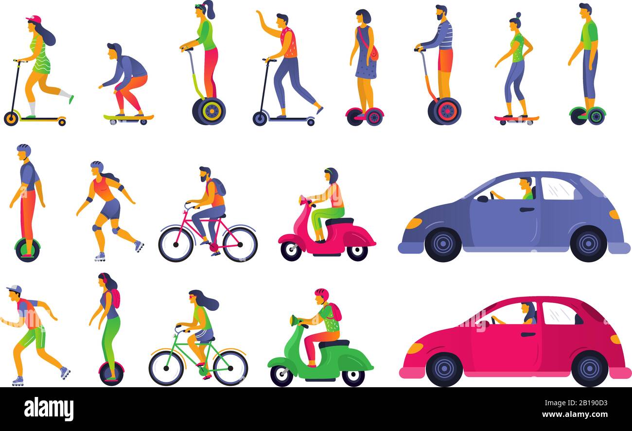 Menschen im Stadtverkehr. Elektro-Roller-Hoverboard, segway und Rollskates. Vektorgrafiken von Stadtfahrzeugen und Transportwagen Stock Vektor