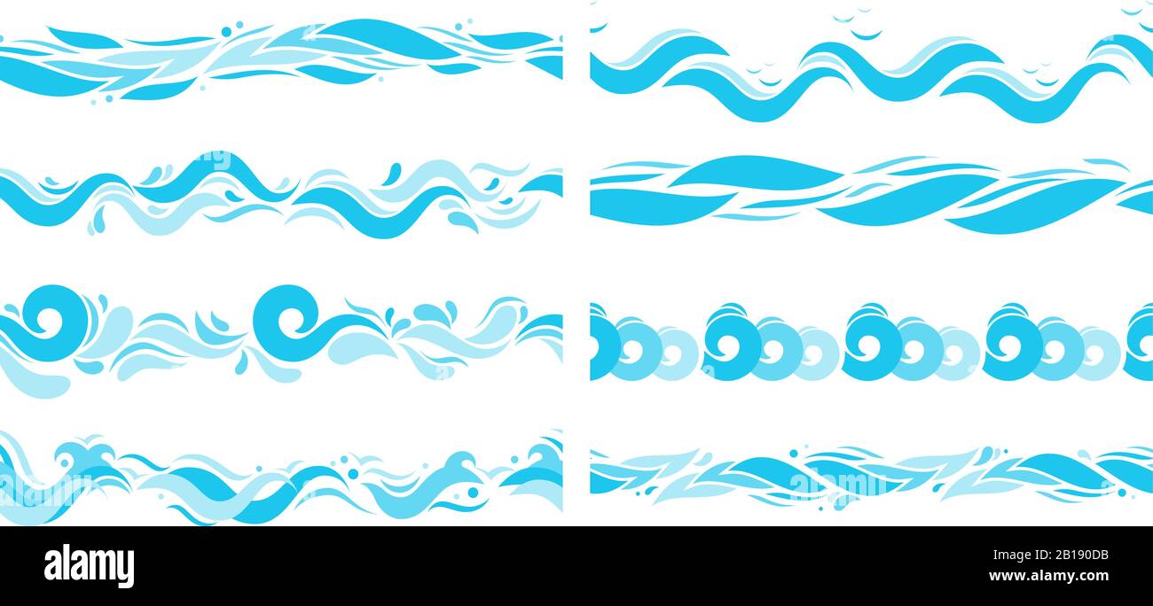 Meereswellen. Seewasserwelle, Schwimmmuster und horizontale Trennlinie Ozeanmuster Vektorgrafiken Stock Vektor