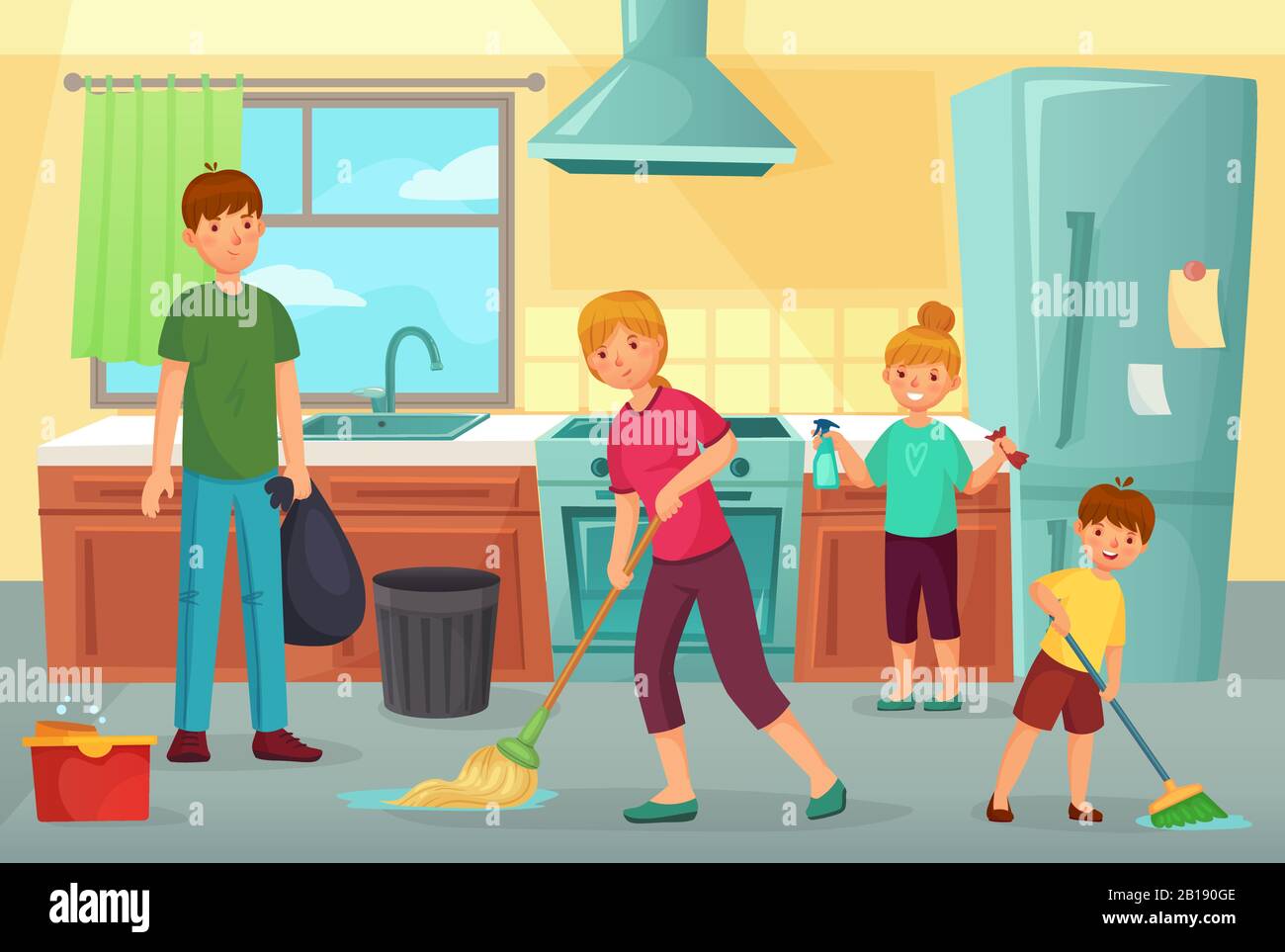 Familienreinigungsküche. Vater, Mutter und Kinder reinigen Küche zusammen Haushaltsstauchen und wischen Boden Cartoon Vektor-Illustration Stock Vektor