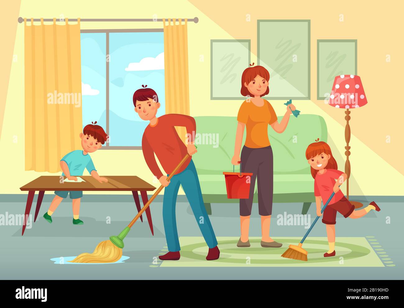 Familienreinigungshaus. Vater, Mutter und Kinder reinigen Wohnzimmer zusammen Hausarbeit Cartoon Vektor-Illustration Stock Vektor
