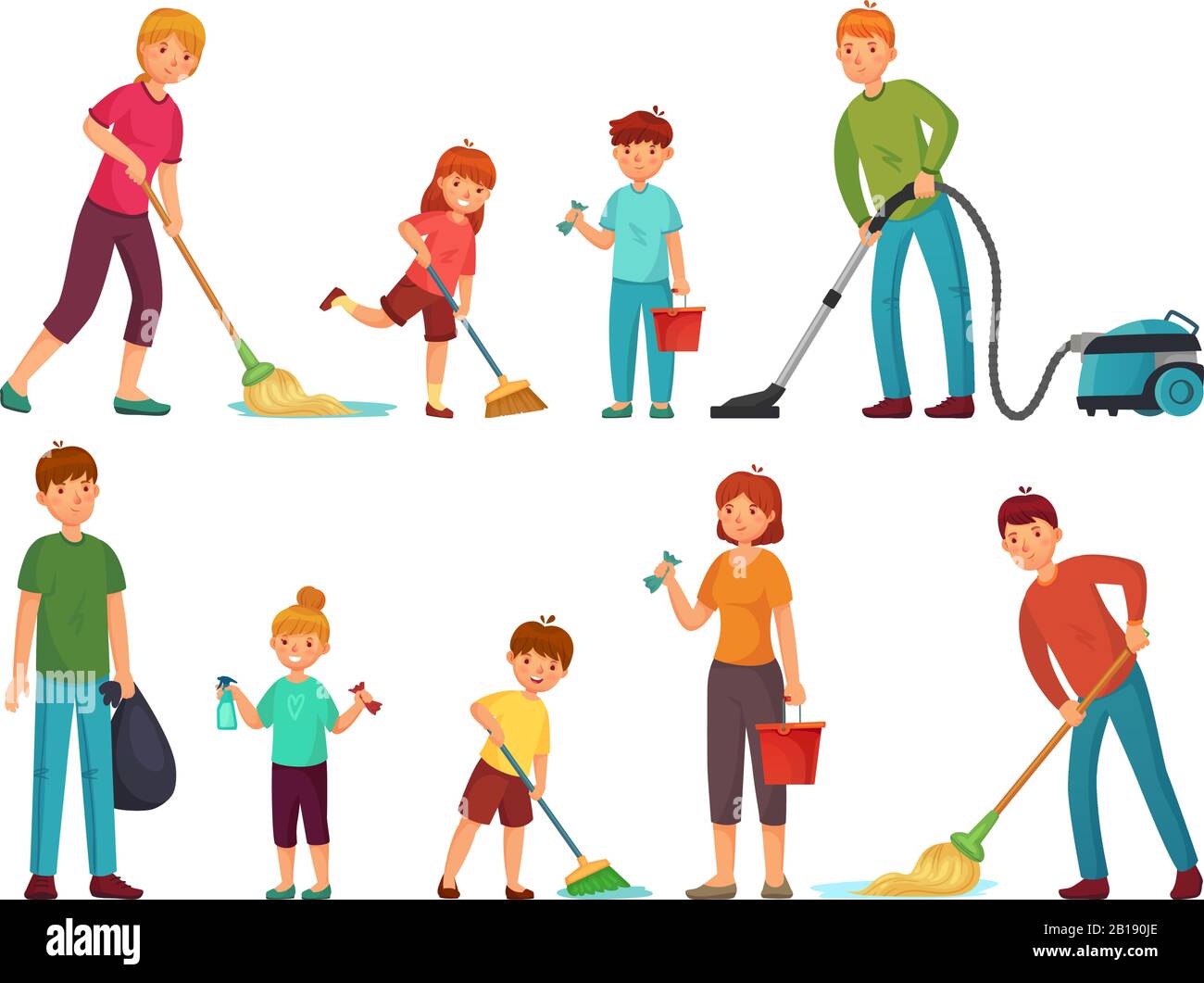 Hausarbeit für die Familie. Eltern und Kinder säubern Haus, reinigen mit Staubsauger und waschen Boden Cartoon Vektorgrafik-Set Stock Vektor