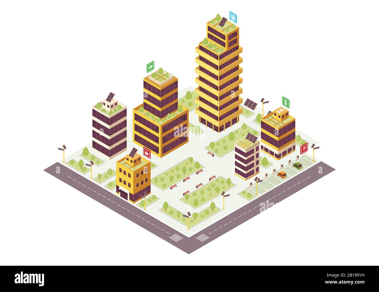 Isometrische Farbvektor-Darstellung der Stadt Eco Stock Vektor