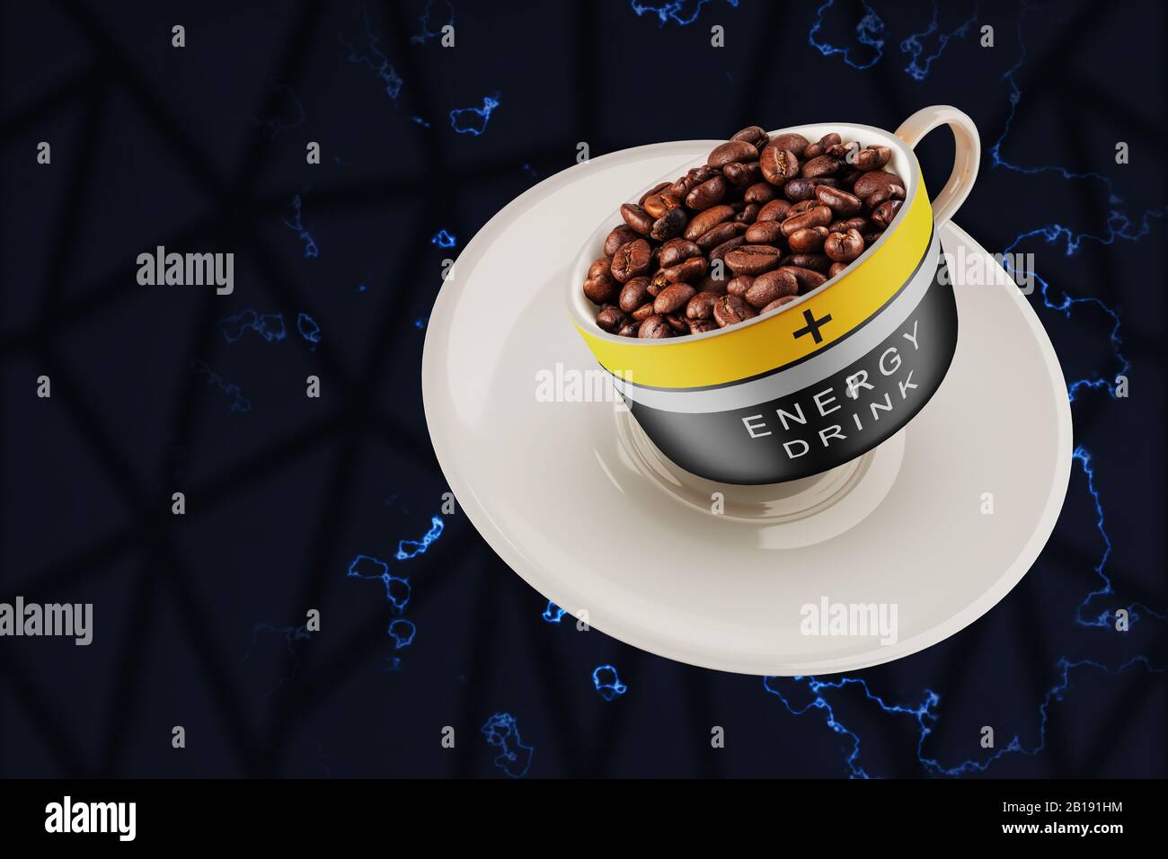 Das Konzept eines tonischen Getränks, das Vitalität verleiht. Lange und produktive Arbeit. Kaffeebohnen in Spitze mit Batteriemuster. Stockfoto