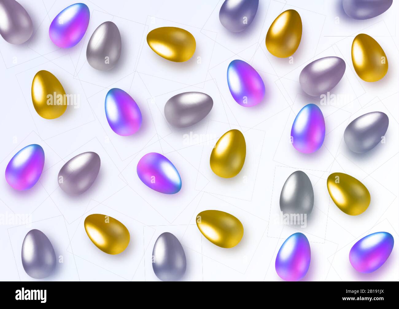 Frohe ostern mit holografischen, goldenen und silbernen Eiern. Horizontale Vorlage für Produkte, Werbung, Webbanner, Broschüren, Zertifikate und Stock Vektor