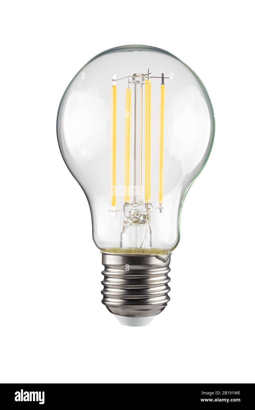 Glühbirne mit Glühlampe mit E27-Sockel, isoliert auf weißem Hintergrund Stockfoto