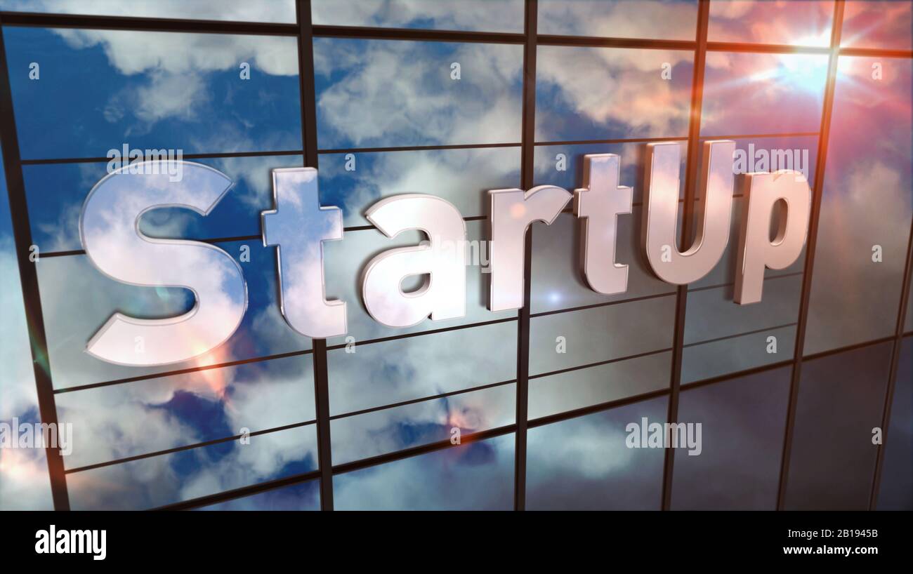 Startzeichen am Glasgebäude. Spiegelhimmel und moderne Stadtfassade. Innovation, kleine Unternehmen, kreative Technologie, Cyber-, Automatisieren- und Roboterkonz Stockfoto