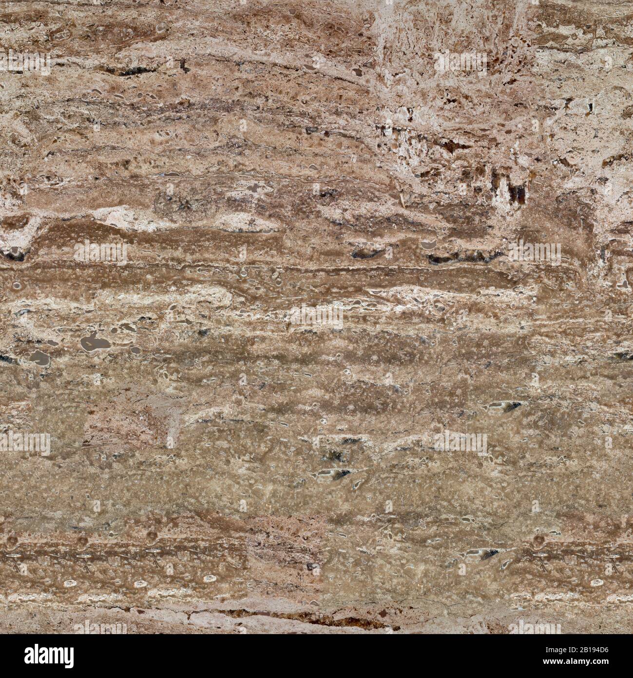 Wand aus Travertin mit Steinschichten unterschiedlicher Farben. Nahtloser quadratischer Hintergrund, bereit für Kacheln. Stockfoto