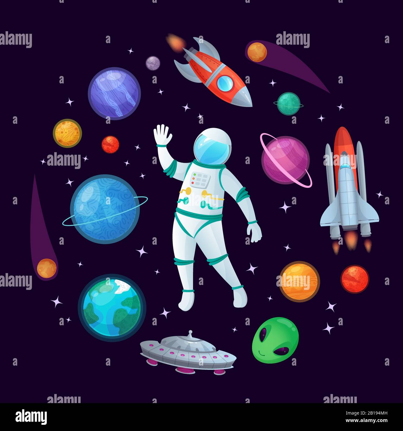 Cartoon-Astronaut im All. Spaceman-Rakete, stary ufo-Raumschiff und Planeten Vektorillustration Stock Vektor