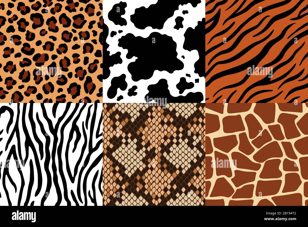 Muster für Tierhäute. Leopardenleder, Stoffzebra und Tigerhaut. Safari-Giraffe, Kuh-Druck und nahtlose Schlangenmuster Vektor-Set Stock Vektor