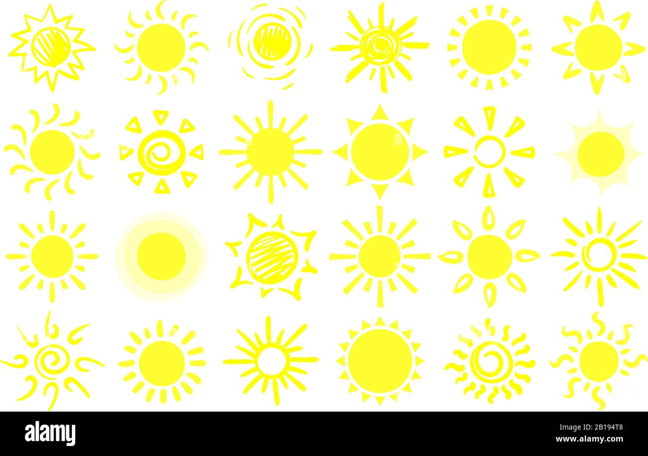 Sommer-Sonne-Skizze. Handgezeichnete Sonnen, warmes Sonnenaufgang und fröhlicher Sonnenstrahl Cartoon-Vektor-Set Stock Vektor