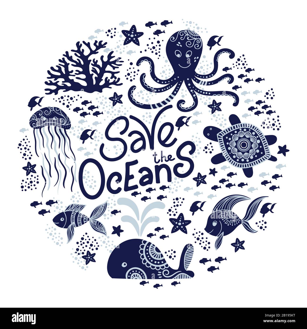 Speichern Sie die ocean Hand gezeichnet Schriftzug und Unterwasser Tiere. Quallen, Wale, Octopus, Seesterne und Schildkröten. Vector Illustration in doodle Stil. Ozean Konzept Schützen Stock Vektor