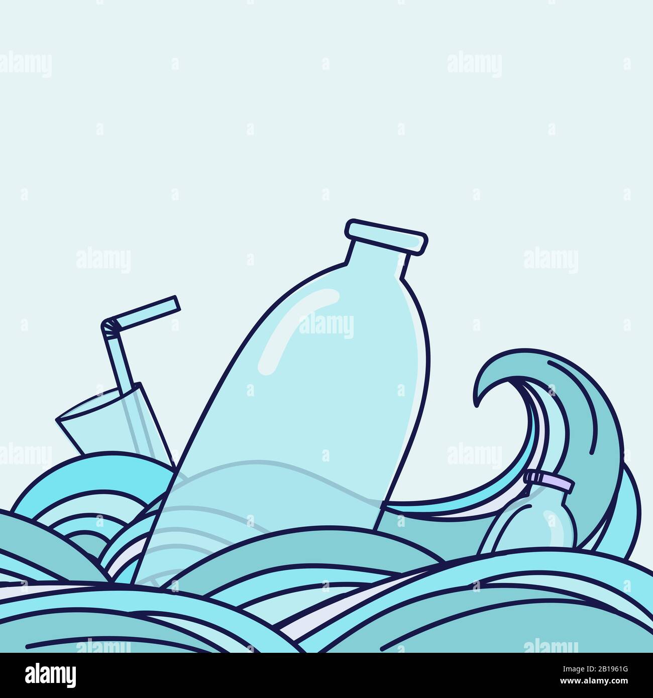 Plastikmüll, Flasche, Plastikkonturiere, Strohhalme und Besteck im Ozean. Banner mit Öko-Problemen. Vektorgrafiken Stock Vektor