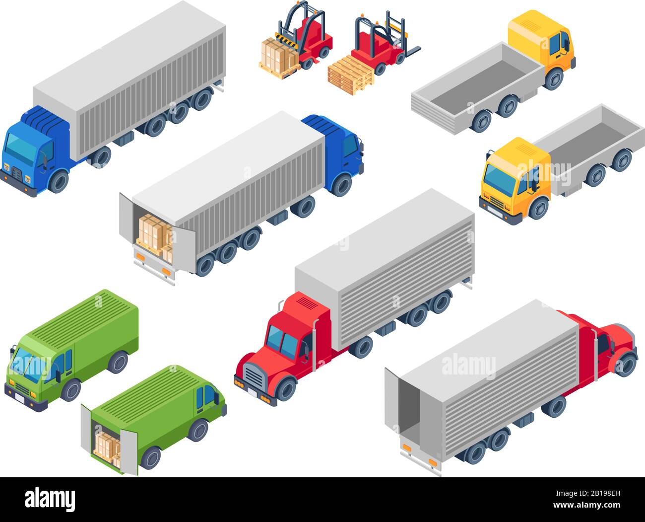 Logistische isometrische Fahrzeuge mit Transport. Lastkraftwagen, Transportwagen für Frachtcontainer und Anhängerlader. Vans 3D-Vektorgrafiken Stock Vektor