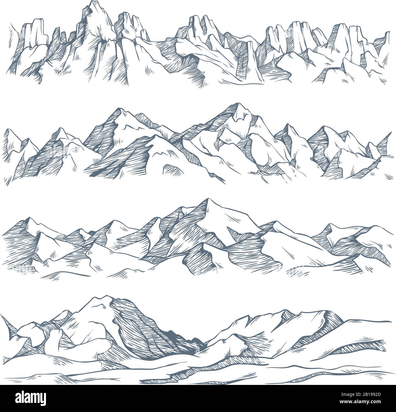 Landschaftsgravur der Berge. Klassische handgezeichnete Skizze zum Wandern oder Klettern auf den Bergen. Vektorgrafiken der Natur im Hochland Stock Vektor