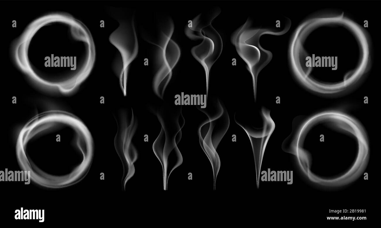 Dampfrauchformen. Rauchende Dampfströme, dampfender Vaping Ring und Dampfwellen durchscheinender isolierter 3D-Effekt-Vektorsatz Stock Vektor