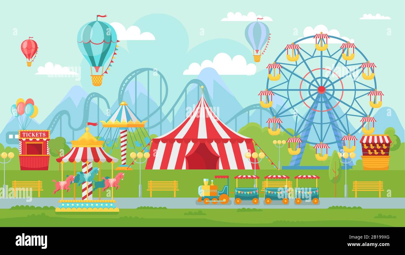 Amüsanes Parkfest. Freizeitattraktionen Landschaft, Kinderkarussell und Vektor-Illustration der Ferris-Radattraktion Stock Vektor