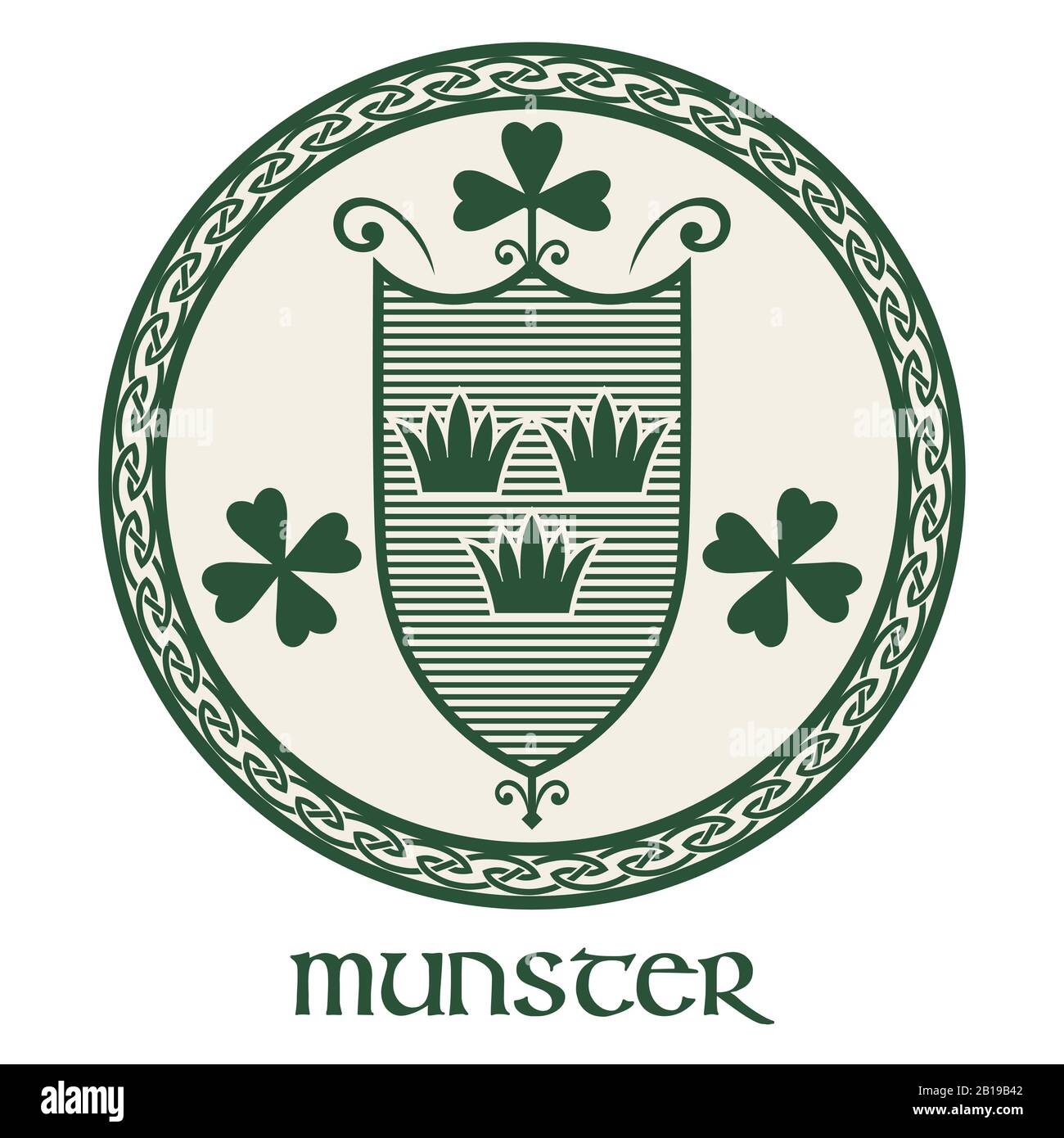 Irisches Celtic-Design im Vintage-Retro-Stil. Irisches Design mit Wappen der Provinz Munster Stock Vektor