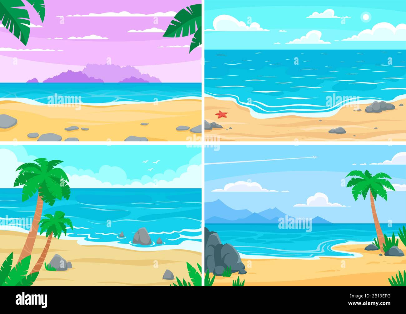 Sommerstrand. Meer- oder Meeresufer, Strände Landschaft und tagsüber Sand Strand Cartoon Vektor-Hintergrund Illustration Stock Vektor