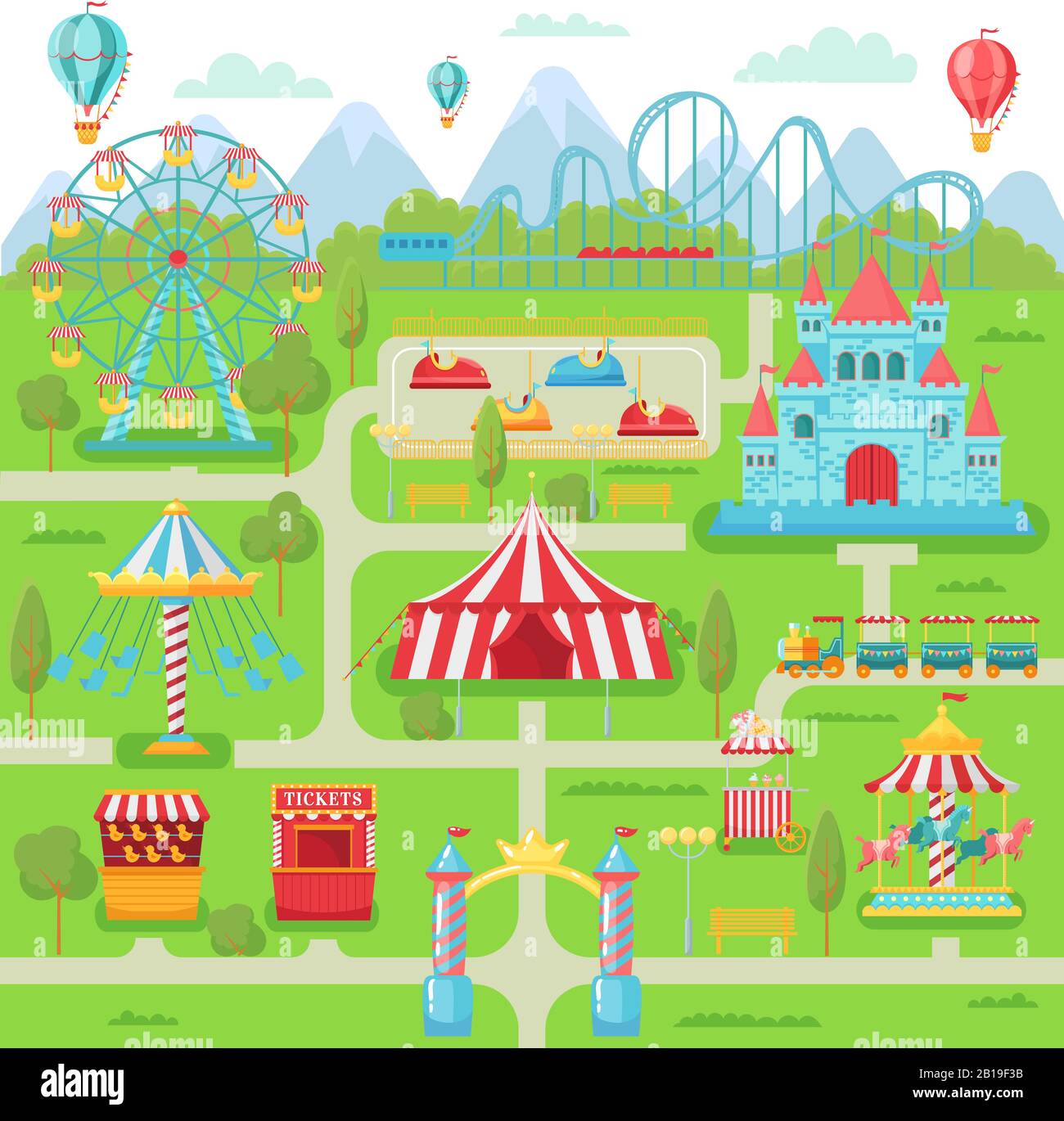 Vergnügungsparkkarte. Familienunterhaltung Festivalattraktionen Karussell, Achterbahn und Ferris Radvektor Illustration Stock Vektor