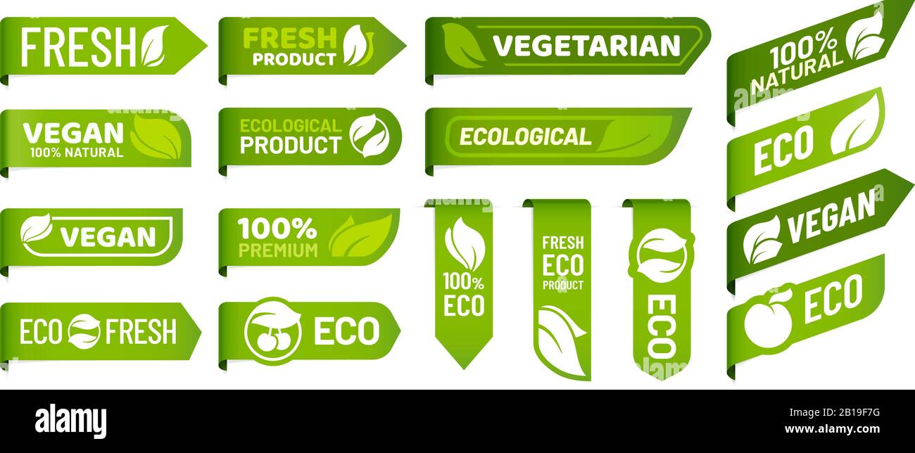 Vegane Marken-Etiketten. Frische vegetarische Produkte, ökologische Bio-Lebensmittel und empfohlene gesundes Produkt Aufkleber Abzeichen Vektor-Set Stock Vektor