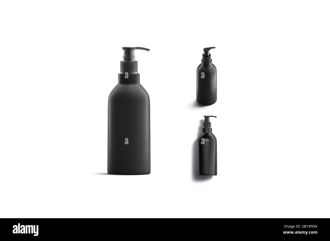 Leere schwarze Pumpenflasche mit Spendermockup, verschiedene Seiten Stockfoto