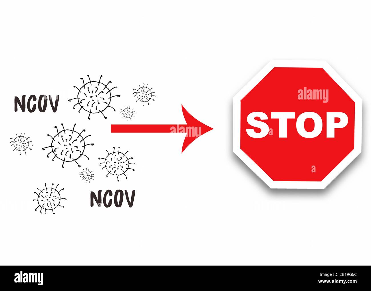Beenden Sie das Coronavirus-Konzept mit Stoppschild und gezogenem Virusangriff Stockfoto