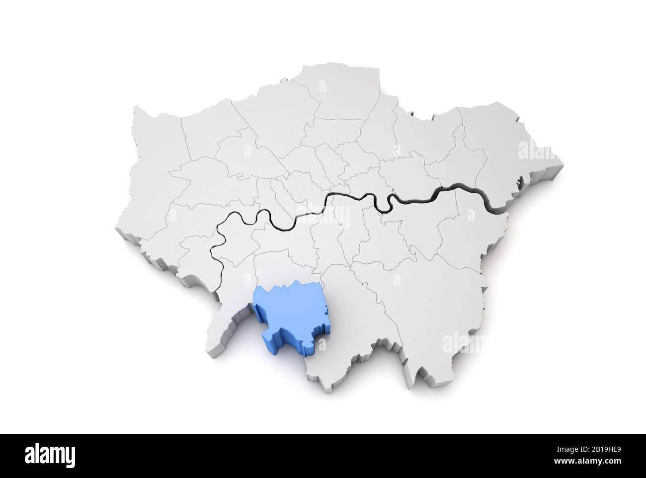 Karte von Greater London mit blauer Sutton Borough. 3D-Rendering Stockfoto