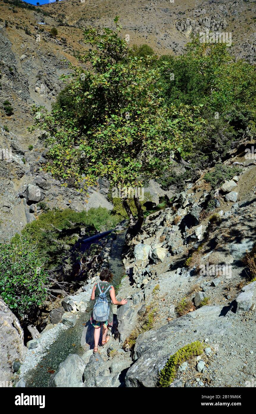 Samothrace, Griechenland - 20. September 2016: Nicht identifizierte Frau, die auf dem Wasserkanalsystem spaziert, nur die Option, den Xiropotamos-Wasserfall im vall zu erreichen Stockfoto