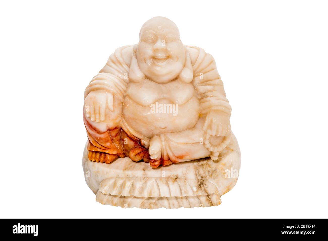 Alte Figur des Buddha Maitreya isoliert auf weißem Hintergrund Stockfoto