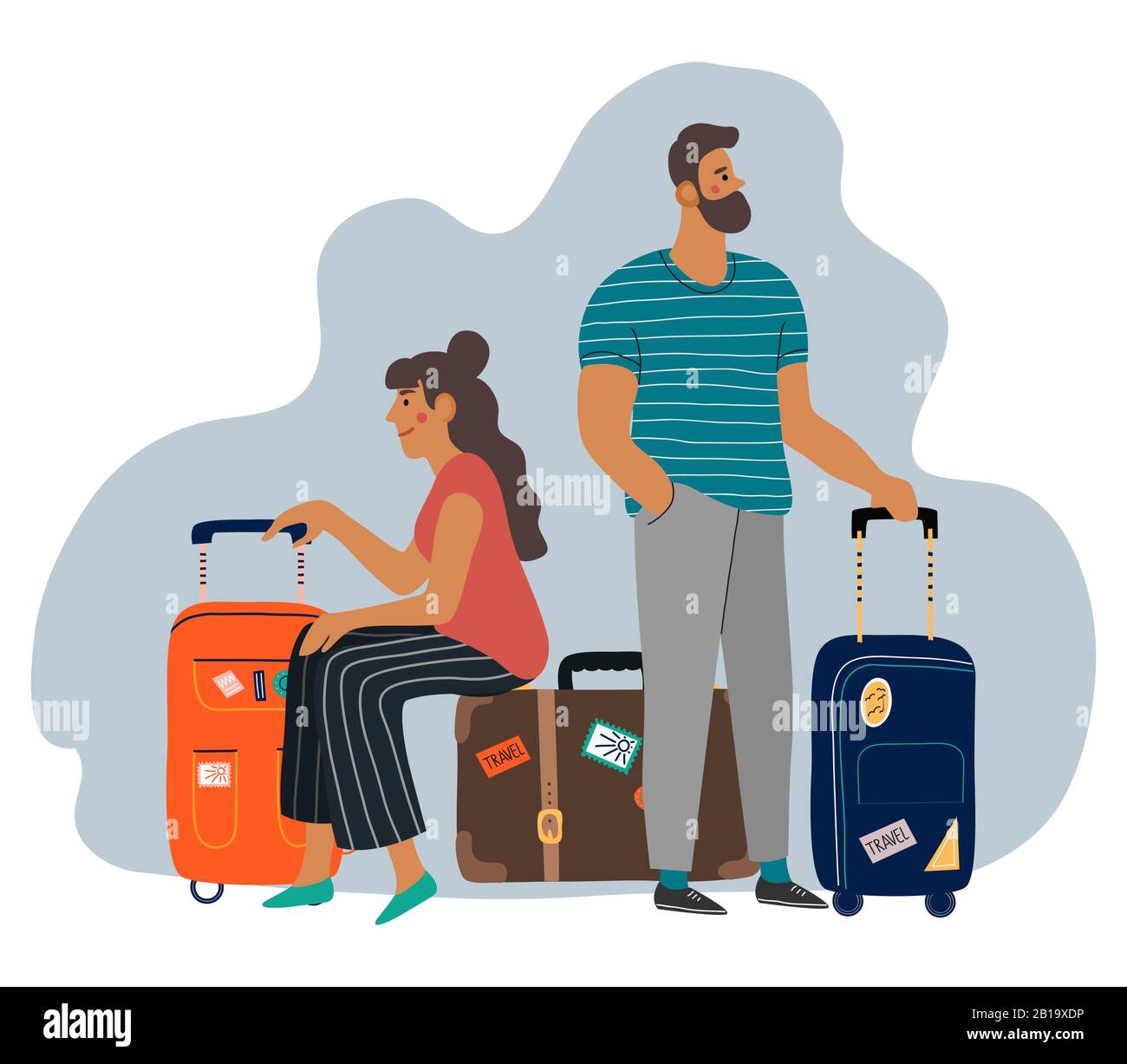 Ein wartender Mann und eine Frau mit Koffern. Cartoon flacher Vektor Stock Vektor