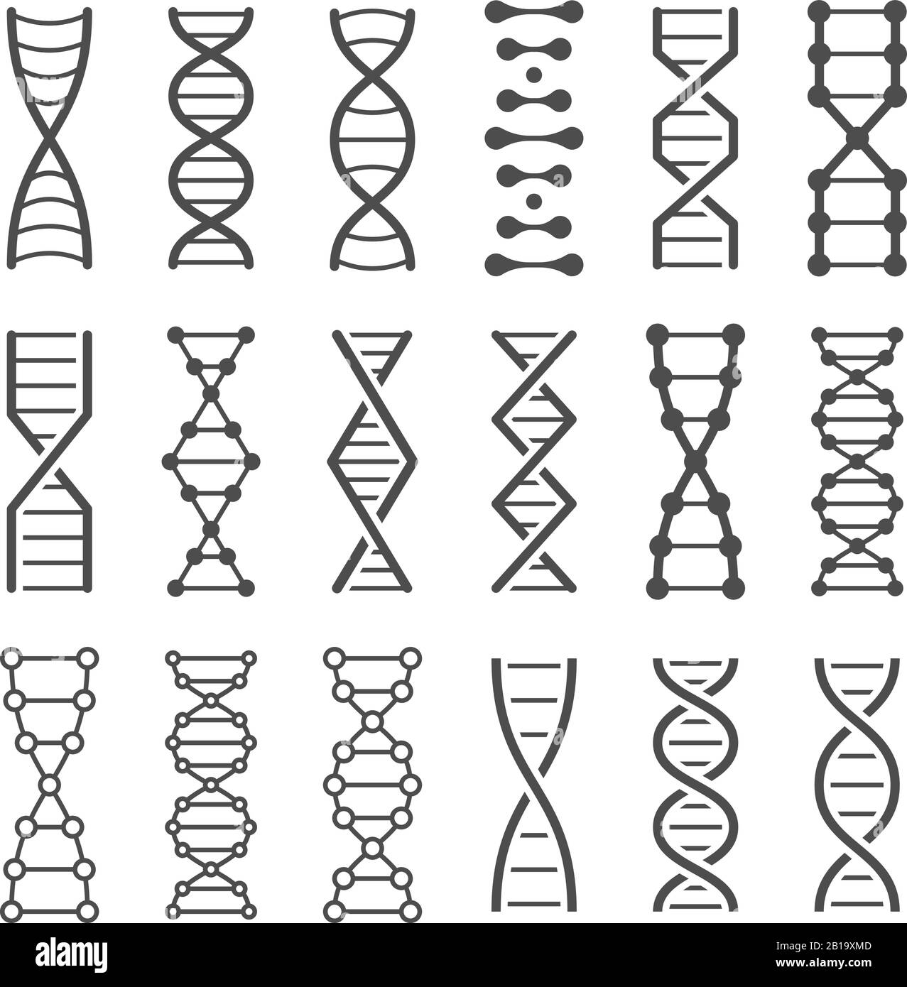 DNA-Spiralsymbol. Humangenetischer Code, Genom-Modell und biologischer Laborstringspiralen-Vektorsymbole festgelegt Stock Vektor