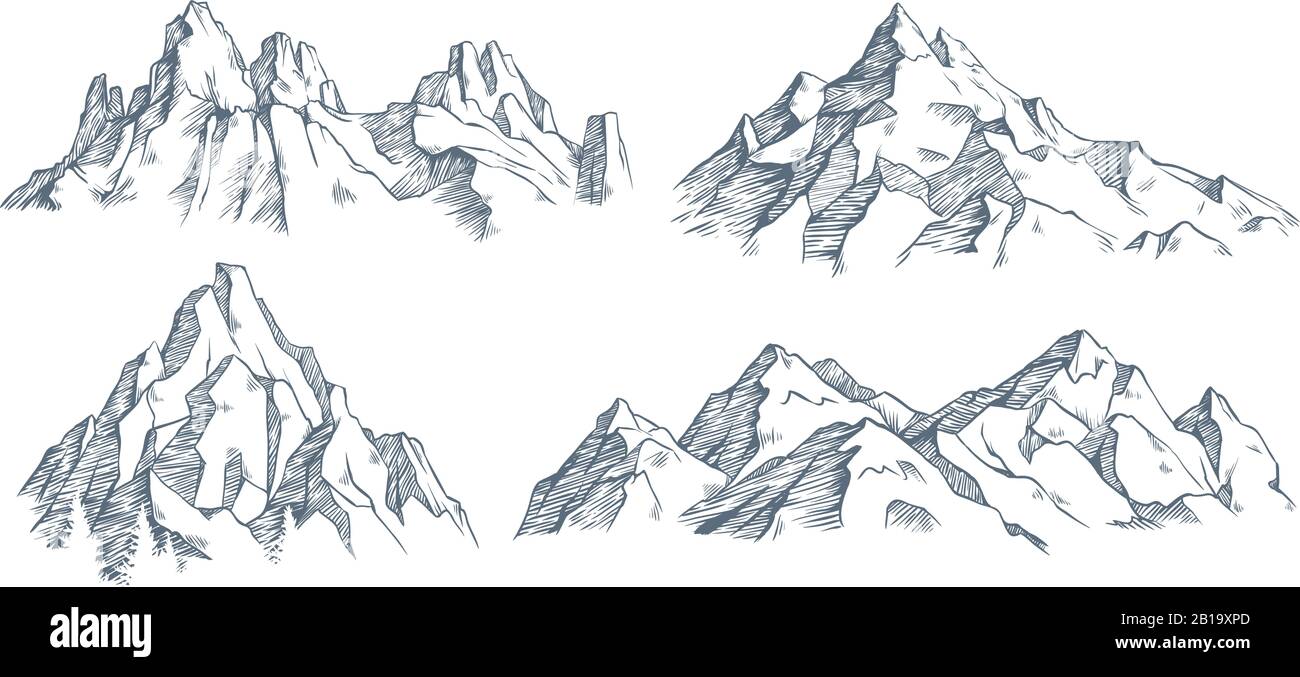 Berggipfel Gravur. Vintage gravierte Skizze des Tals mit Berglandschaft und alten Waldbäumen, Vektorgrafiken Stock Vektor