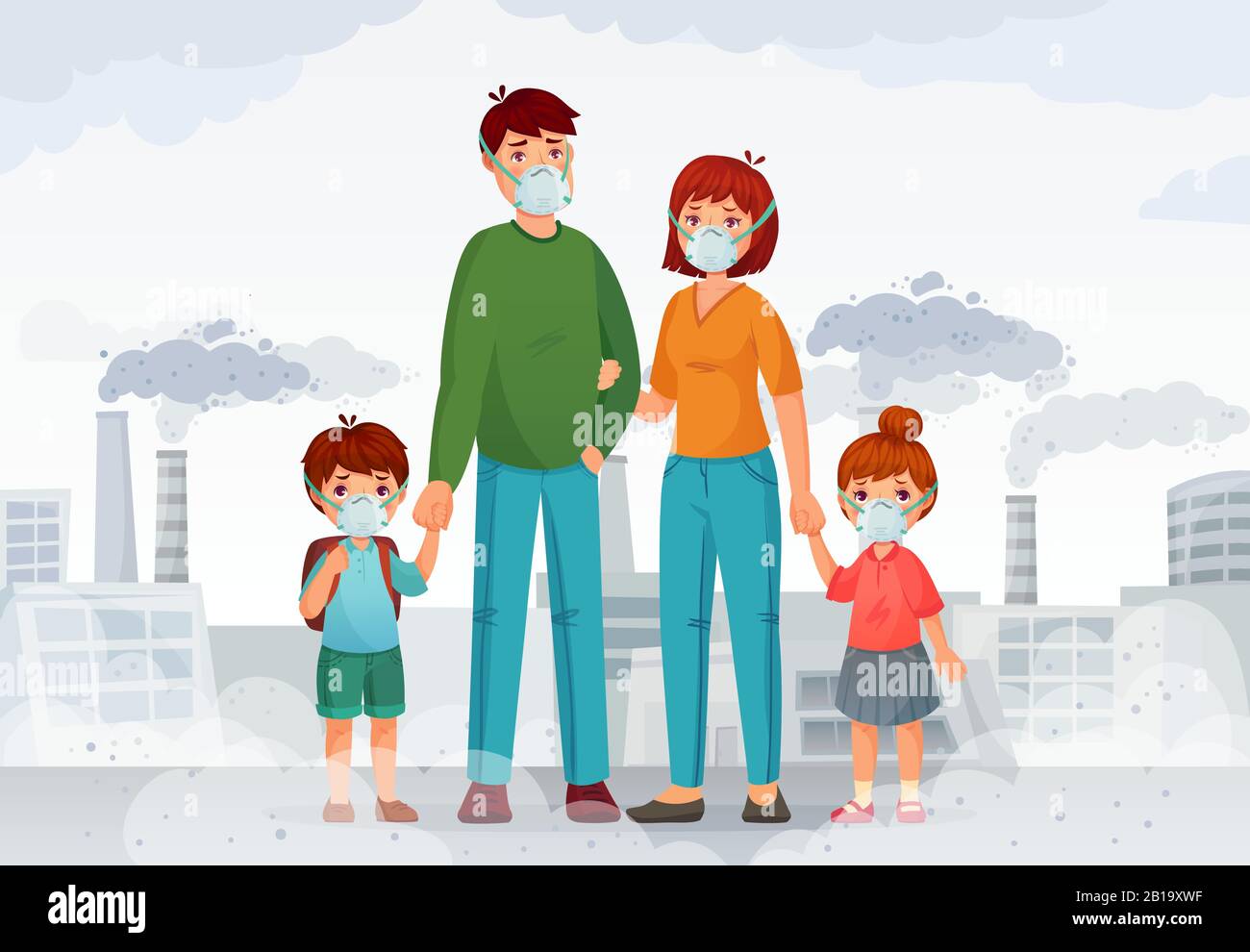 Familienschutz vor kontaminierter Luft. Menschen in schützenden N95 Gesichtsmasken, Industrierauch und sicherer Maskenvektorillustration Stock Vektor