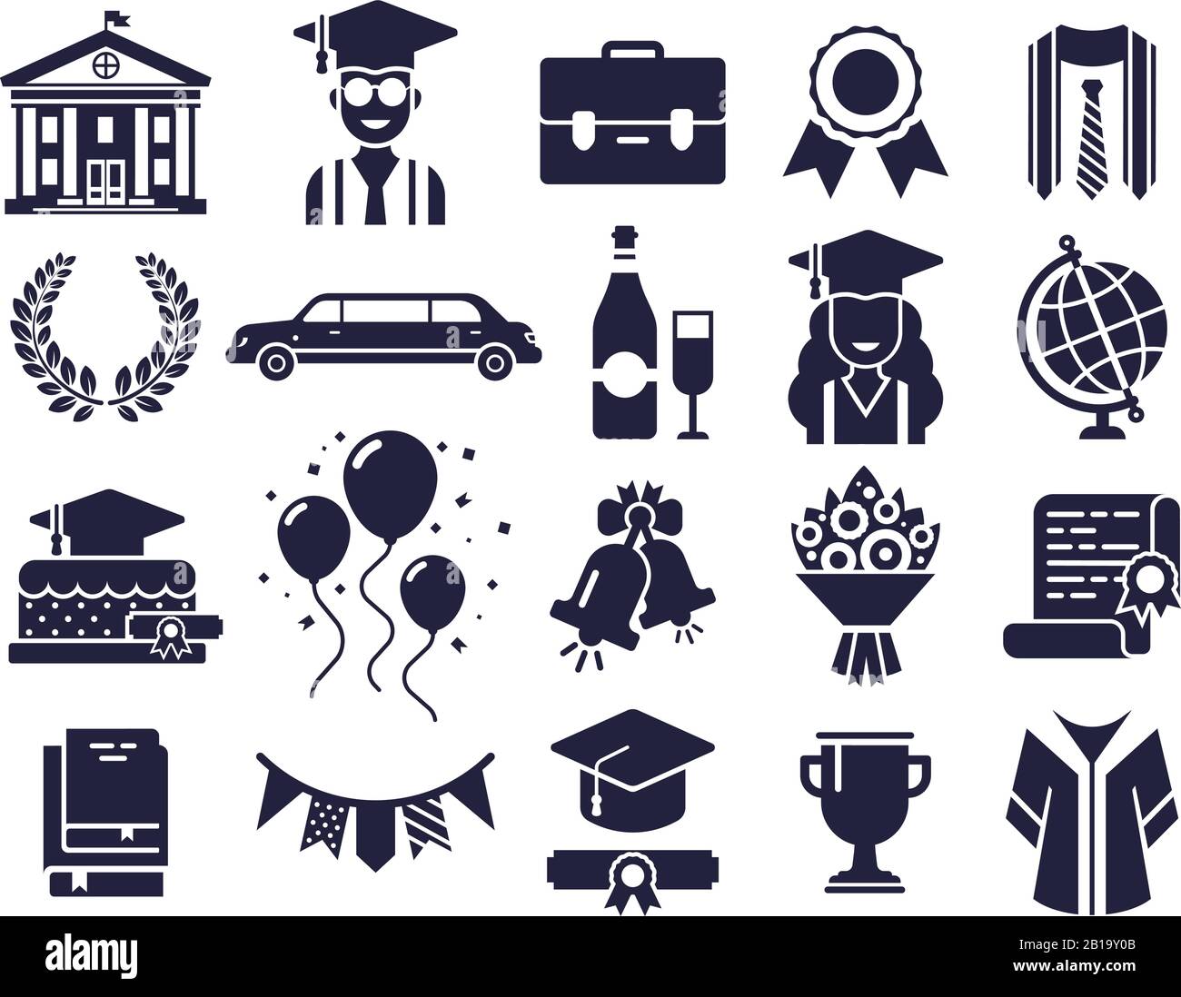 Symbole für College-Silhouetten. Graduiertenstag, Abschlusskappe und Diplomaten-Piktogramm Silhouetten-Symbol-Vektorsatz Stock Vektor