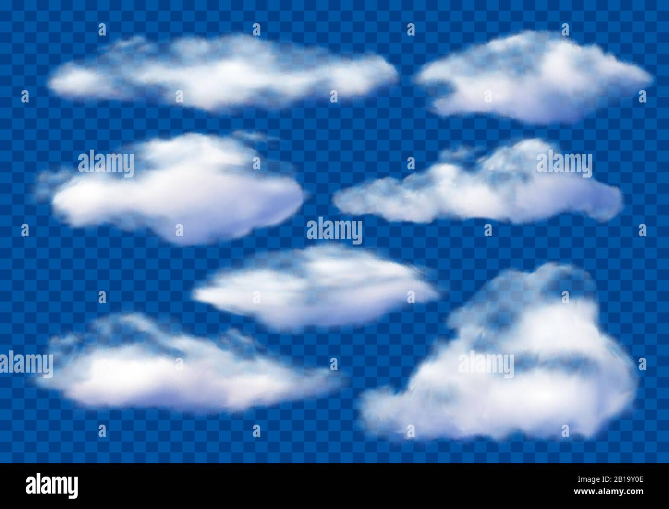 Realistische Wolken. Bewölkter Himmel, flauschige Wolke und weiße Dampfwolken isoliertes 3D-Vektorbildungssatz Stock Vektor