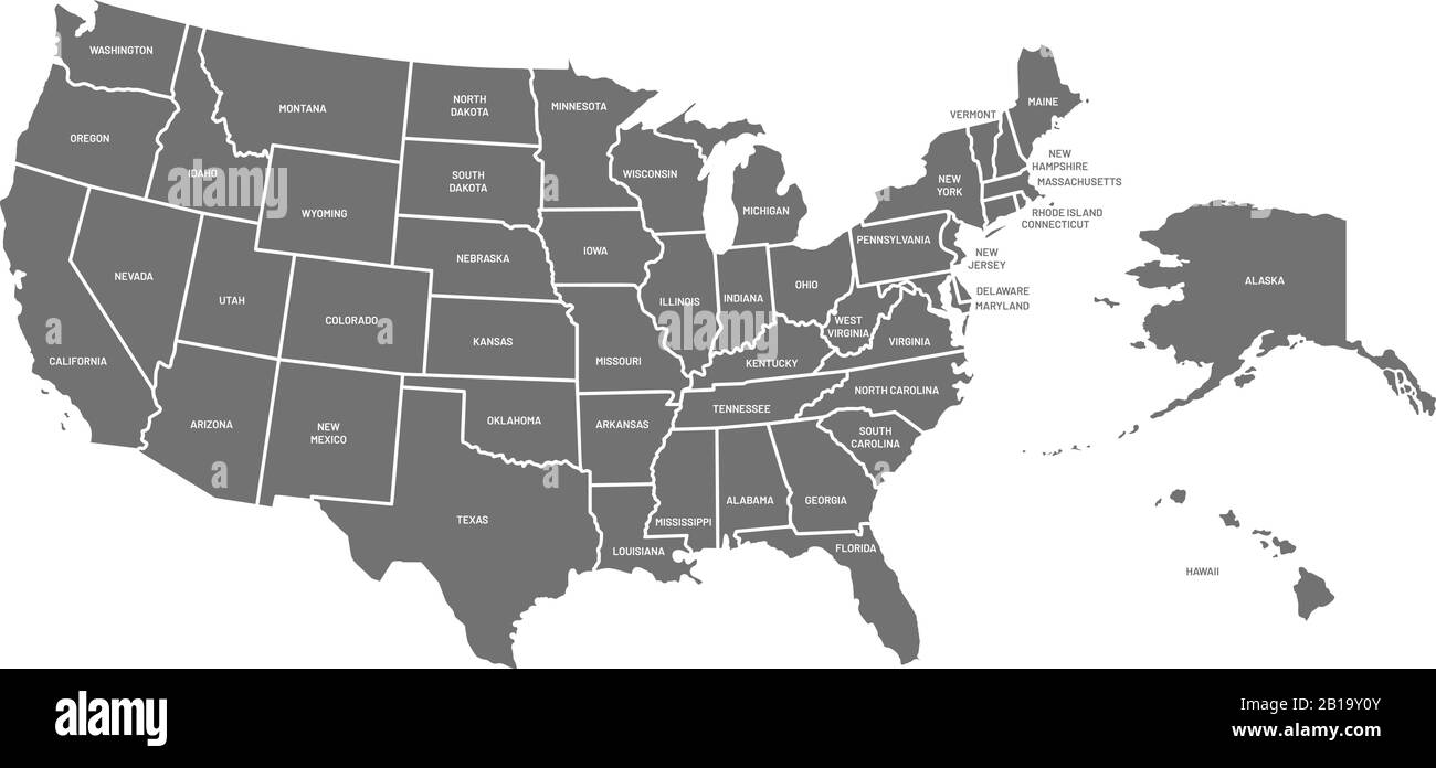 USA-Karte. Poster der Vereinigten Staaten von Amerika mit Staatsnamen. Geographische amerikanische Karten, einschließlich Alaska und Hawaii Vektorgrafiken Stock Vektor