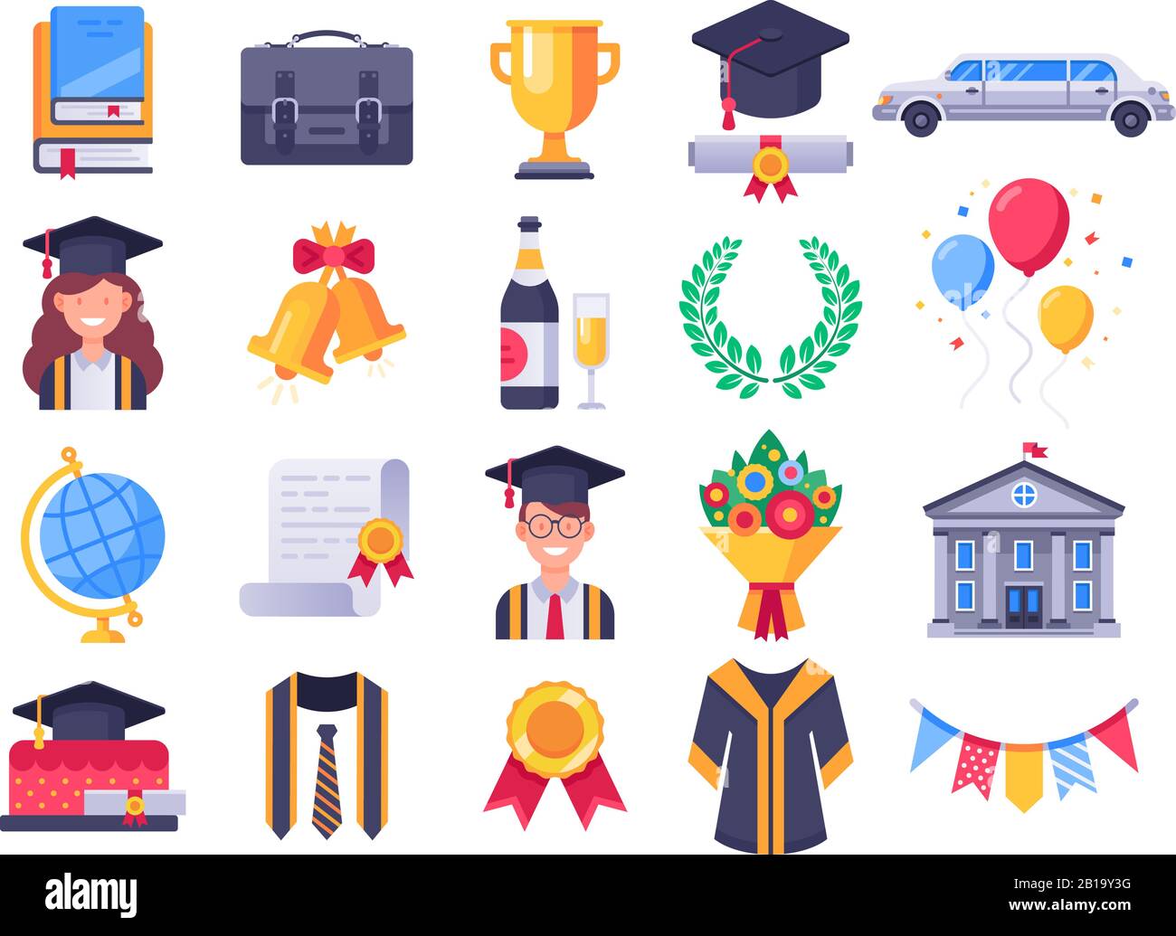 Symbole für den Abschlusstag. Hochschulabsolventen feiern, Graduiertencap und Studenten besitzen. Vektorgrafiksatz für das Symbol "Untersuchungen" Stock Vektor