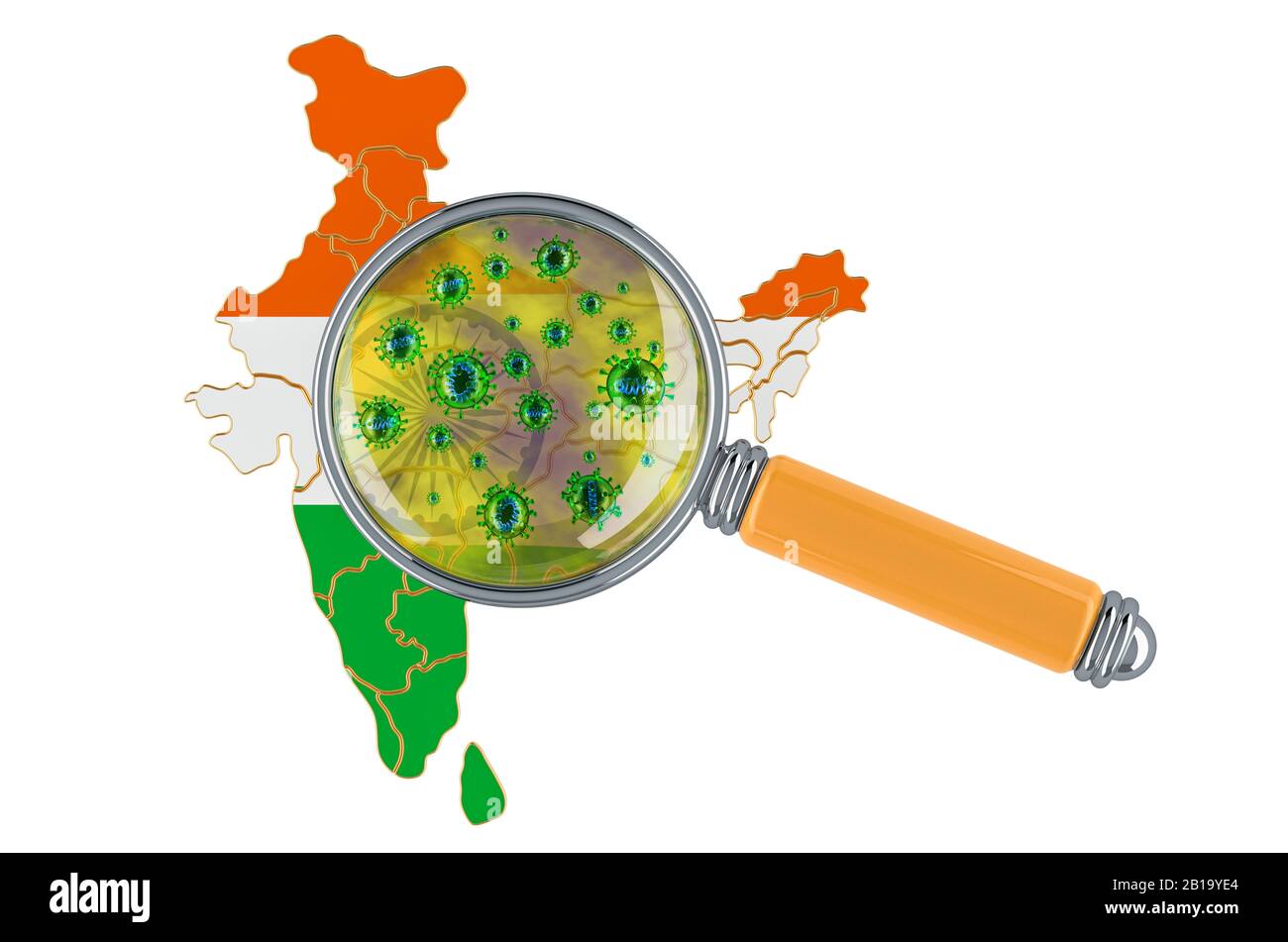 Indische Karte mit Coronavirus unter Lupe, 3D-Rendering isoliert auf weißem Hintergrund Stockfoto