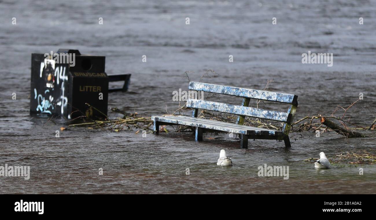 Eine Parkbank im Flutwasser in Athlone, Co. Westmeath. Stockfoto