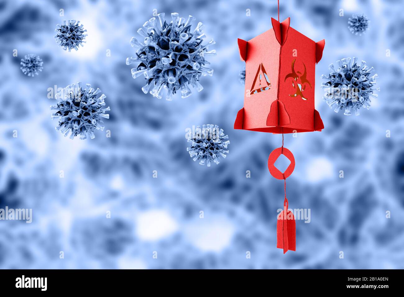 Konzept des chinesischen Coronavirus Outbreak. Rote Papierlaterne mit Symbol für biologische Gefährdung und Viruszellen. Stockfoto