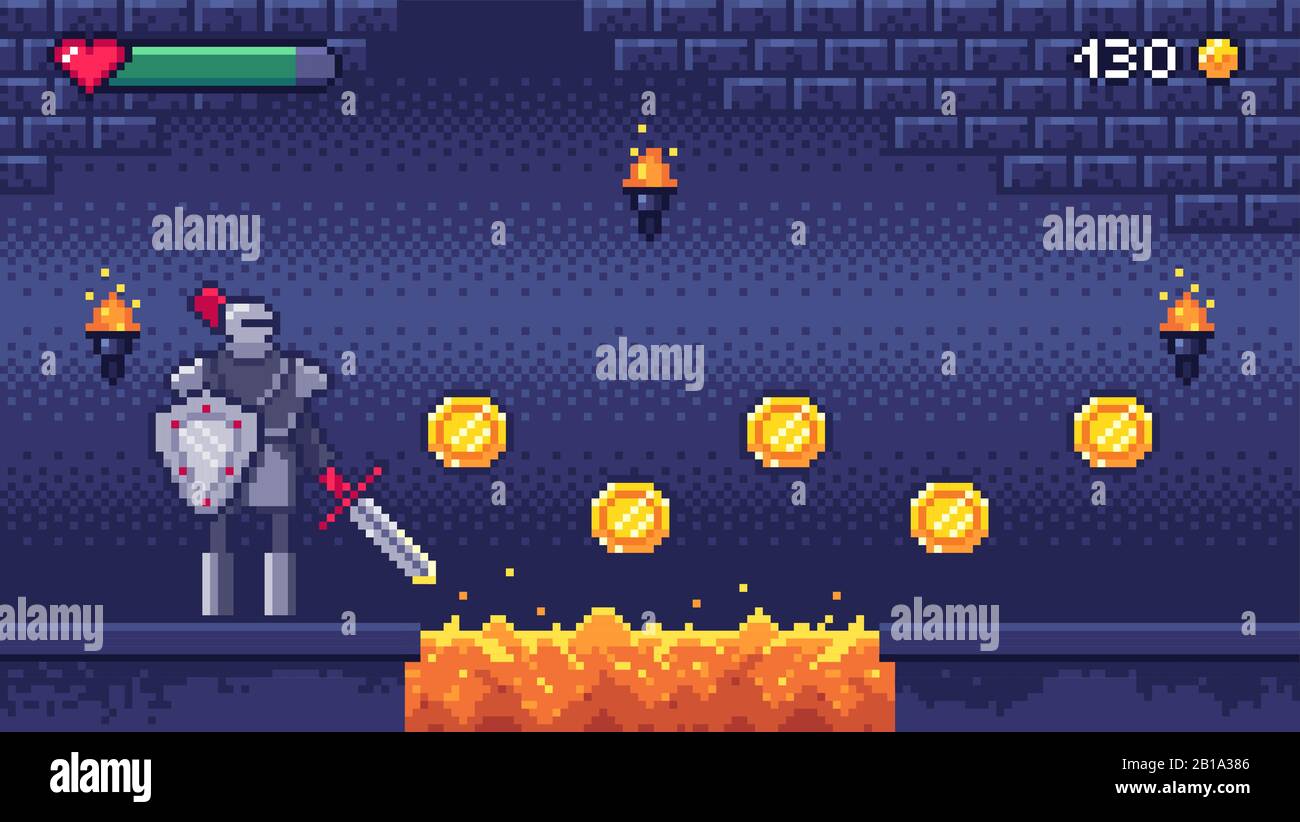 Retro Computerspiele Level. Pixel Art Videospiel Szene 8-Bit-Krieger-Charakter sammelt Goldmünzen, Pixel Gaming-Vektor-Illustration Stock Vektor