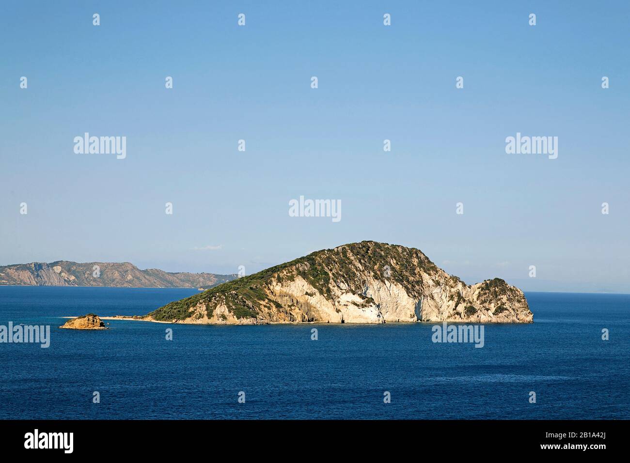 Die winzige Insel Marathonissi, Limni Keriou, Insel Zakynthos, Griechenland Stockfoto