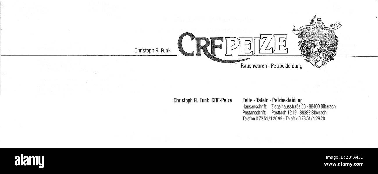 CRF Pelze, Christoph R. Funk, Biberach (Briefkopf und Brieffuß). Stockfoto