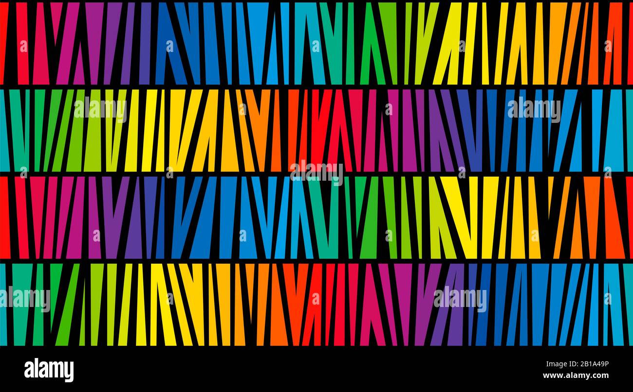 Regenbogenfarbenes Streifenmuster mit einem Spektrum an lebendigen Farben. Nahtlose, strukturierte abstrakte Darstellung auf schwarzem Hintergrund. Stockfoto